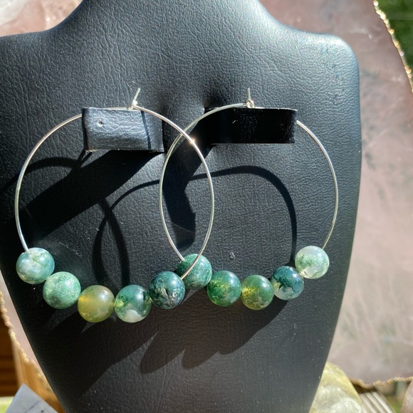 Sterling Silver Genuine Moss Agate Earrings - Picture 2 of 2